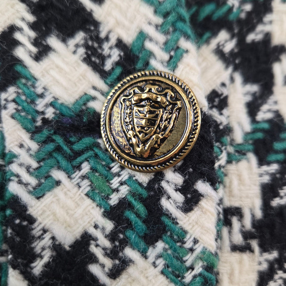 Vintage 80s Ann Taylor Green Black Wool Houndstooth Blazer Gold Buttons Size 2 - Picture 6 of 10